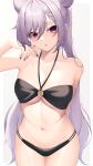  1girl :o absurdres arm_behind_back bangs bikini black_bikini braid breasts cone_hair_bun genshin_impact hair_between_eyes hair_bun hand_up highres keqing_(genshin_impact) long_hair looking_at_viewer medium_breasts o-ring o-ring_bikini parted_lips purple_eyes purple_hair purple_nails revision shirafuji_ene simple_background skindentation solo swimsuit thigh_gap twintails very_long_hair wet wet_hair white_background 