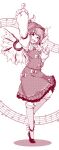  0-den 1girl absurdres animal_ears beamed_eighth_notes bird_ears bird_wings blush dress eighth_note eyebrows_visible_through_hair fingernails frilled_dress frilled_sleeves frills full_body highres juliet_sleeves kneehighs long_fingernails long_sleeves monochrome musical_note mystia_lorelei open_mouth puffy_sleeves quarter_note sharp_fingernails shoes short_hair smile solo standing standing_on_one_leg teeth touhou upper_teeth wide_sleeves winged_hat wings 
