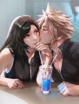  1boy 1girl bare_shoulders black_hair blonde_hair closed_eyes closed_mouth cloud_strife collarbone couple cup drink drinking drinking_straw earrings eyelashes final_fantasy final_fantasy_vii final_fantasy_vii_advent_children highres jewelry long_hair looking_at_another red_eyes ring spiked_hair spykeee tifa_lockhart twitter_username watermark 