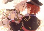  2boys blush brothers food holding_hands idolish_7 incest kagura_kurosaki kujou_tenn looking_at_another male_focus multiple_boys nanase_riku pink_eyes pocky pocky_in_mouth red_eyes red_hair short_hair siblings twincest twins white_background white_hair yaoi 