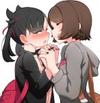  2girls :q abmayo absurdres backpack bag black_choker black_hair black_jacket black_nails blush bob_cut brown_bag brown_eyes brown_hair cardigan choker closed_mouth commentary_request dress eyebrows_visible_through_hair from_side gloria_(pokemon) green_eyes grey_cardigan hair_ribbon hands_up highres holding_hands hooded_cardigan jacket marnie_(pokemon) multiple_girls nail_polish open_mouth pink_dress pokemon pokemon_(game) pokemon_swsh red_ribbon ribbon short_hair simple_background smile sweatdrop tongue tongue_out upper_body white_background yuri 