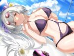  1girl azur_lane blue_sky bow breasts camera cloud cloudy_sky eyebrows_visible_through_hair flower hair_flower hair_ornament hand_on_own_chest large_breasts long_hair lying official_alternate_costume on_back penggan pink-tinted_eyewear purple_bow purple_swimsuit sideways_glance sky solo swimsuit tinted_eyewear vittorio_veneto_(azur_lane) vittorio_veneto_(the_flower_of_la_spezia)_(azur_lane) white_flower 