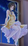  1girl absurdres arm_support bangs bare_arms bare_shoulders bashen_chenyue black_eyes black_hair blush breasts dress eyebrows_visible_through_hair frilled_dress frills full_body hand_up highres indoors long_hair looking_at_viewer memories_off night night_sky no_shoes parted_lips railing sitting sky sleeveless sleeveless_dress small_breasts smile solo star_(sky) starry_sky thighhighs white_legwear window yellow_dress 