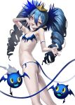 1girl :d :p ass bangs bare_shoulders bikini blue_bikini blue_hair blue_nails bombergirl breasts brown_eyes commentary_request drill_hair fangs from_side front-tie_bikini front-tie_top hair_between_eyes heart heart_tattoo highres lewisia_aquablue long_hair looking_at_viewer looking_to_the_side nail_polish pubic_tattoo side-tie_bikini simple_background small_breasts smile solo suketoudara_(artist) swimsuit tail tattoo tongue tongue_out twin_drills twintails very_long_hair white_background 