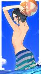  1boy :d absurdres ahoge ball beachball black_hair blue_eyes day highres holding indie_virtual_youtuber kushizaki_(vtuber) looking_at_viewer looking_back male_focus male_swimwear otoko_no_ko outdoors smile solo st_(youx1119) swim_trunks swimsuit topless_male virtual_youtuber water wet 