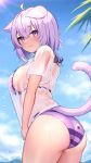  1girl :3 absurdres animal_ear_fluff animal_ears ass bangs bikini blue_sky blush breasts cat_ears cat_girl cat_tail closed_mouth cloud cowboy_shot day deaver eyebrows_visible_through_hair from_side halterneck highres hololive large_breasts looking_at_viewer looking_to_the_side nekomata_okayu onigiri_print outdoors purple_bikini purple_eyes purple_hair see-through see-through_shirt shirt short_hair sideboob sky solo strap_gap striped striped_bikini sunlight swimsuit t-shirt tail thighs virtual_youtuber water_drop wet wet_clothes wet_shirt 
