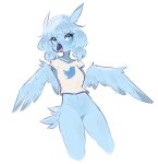  2019 anthro avian beak biped bird blue_body blue_eyes blue_feathers blue_hair bottomless clothed clothing digital_media_(artwork) eyelashes feathered_wings feathers female fredek666 hair hi_res meme navel portrait shaded shirt simple_background solo three-quarter_portrait topwear tweetfur twitter twitter_bird white_background wings 