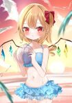  1girl :o backlighting ball bangs bare_arms bare_shoulders beachball bikini blonde_hair blue_bikini blush bow cloud collarbone cowboy_shot crystal eyebrows_visible_through_hair flandre_scarlet frilled_bikini frills hair_between_eyes hair_bow highres holding holding_ball horizon long_hair looking_at_viewer navel no_hat no_headwear okome2028 outdoors pointy_ears red_bow red_eyes sky solo standing sunset swimsuit touhou water wings 