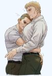  2boys ass ass_grab bara belt between_pectorals black_belt blonde_hair brown_hair clenched_teeth closed_mouth collared_shirt couple face_to_pecs facial_hair green_pants groping head_between_pecs highres hug large_pectorals male_focus multiple_boys muscular muscular_male pants pectorals porco_galliard reiner_braun shingeki_no_kyojin shirt short_hair sssida3 teeth undercut white_shirt yaoi 