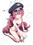  absurdres akira_(aristole) bikini black_bikini blue_archive breasts eyebrows_visible_through_hair grey_eyes halo hat highres iroha_(blue_archive) kneeling long_hair looking_at_viewer looking_up navel peaked_cap red_hair sensei_(blue_archive) side-tie_bikini small_breasts smile solo_focus swimsuit tsukuyo_(blue_archive) wavy_hair 