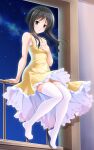  1girl absurdres arm_support bangs bare_arms bare_shoulders bashen_chenyue black_eyes black_hair blush breasts commentary_request dress eyebrows_visible_through_hair frilled_dress frills full_body hand_up highres indoors long_hair looking_at_viewer memories_off night night_sky no_shoes parted_lips railing sitting sky sleeveless sleeveless_dress small_breasts smile solo star_(sky) starry_sky thighhighs white_legwear window yellow_dress 