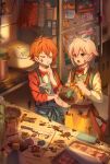  2boys baking brothers child chocolate closed_eyes cooking highres idolish_7 kagura_kurosaki kitchen kujou_tenn looking_to_the_side male_child multiple_boys nanase_riku pink_eyes red_hair refrigerator short_hair siblings stirring twins white_hair 