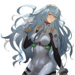  1girl ayanami_rei blue_hair bodysuit breasts cowboy_shot evangelion:_3.0+1.0_thrice_upon_a_time hairpods highres interface_headset large_breasts long_hair neon_genesis_evangelion official_alternate_hair_length official_alternate_hairstyle pilot_suit plugsuit rebuild_of_evangelion red_eyes simple_background solo very_long_hair white_background white_bodysuit ying_shi_de_xia_yeji 