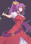  1girl belt bow breasts highres holding holding_sword holding_weapon kakone katana large_breasts long_hair looking_at_viewer outline ponytail puffy_sleeves purple_hair red_eyes ribbon short_sleeves solo sword touhou very_long_hair watatsuki_no_yorihime weapon white_outline 