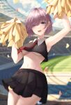  1girl :d absurdres adapted_costume armpits arms_up bangs black_shirt black_skirt breasts cheerleader confetti cowboy_shot crop_top crop_top_overhang cropped_shirt day eyebrows_visible_through_hair fate/grand_order fate_(series) hair_over_one_eye highres holding holding_pom_poms jung5u large_breasts looking_at_viewer mash_kyrielight miniskirt navel necktie open_mouth outdoors pink_hair pleated_skirt pom_pom_(cheerleading) purple_eyes purple_hair red_necktie shirt short_hair skirt sleeveless smile solo stadium stomach sweat underboob 