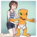  1:1 agumon bandai_namco bottomwear clothing digimon digimon_(species) duo female hi_res human kitsune2000 male mammal shorts sportswear yagami yuuko 