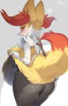  1girl animal_ear_fluff animal_ears animal_nose ass black_fur blush body_fur braixen breasts commentary_request fox_ears fox_girl fox_tail furry furry_female highres holding large_breasts looking_at_viewer open_mouth pantyhose pokemon pokemon_(creature) smile snout solo stick suurin_(ksyaro) tail white_fur yellow_fur 