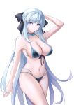  1girl absurdres bangs bare_shoulders bikini black_bikini black_bow blue_eyes blush bow braid breasts choker cleavage collarbone fate/grand_order fate_(series) french_braid grey_hair hair_bow highres kaijiba large_breasts long_hair looking_at_viewer morgan_le_fay_(fate) navel ponytail sidelocks solo swimsuit thighs very_long_hair white_background 