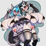  &lt;3 absurd_res anthro areola avante92 big_breasts bikini blue_hair blush bodily_fluids breasts canid canine clothing duo female fishnet fishnet_legwear hair hi_res huge_breasts legwear mammal sweat sweaty_breasts swimwear womb_tattoo 