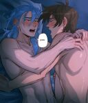  2boys absurdres blue_eyes blue_hair blush edmond_(nu_carnival) eiden_(nu_carnival) highres implied_anal implied_sex light_brown_eyes light_brown_hair long_hair looking_at_another male_focus multiple_boys nipples nu_carnival nude open_mouth pectorals pillow short_hair sombre_slahc sweatdrop yaoi 