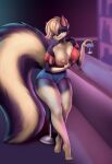  absurd_res anthro areola beverage big_breasts bottomwear breasts clothed clothing female hi_res holding_beverage holding_object mammal mephitid nipples one_breast_out one_eye_closed sanfingulipunrapin shirt shorts skunk solo topwear wink 