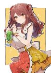 apron bangs blue_shirt blush bow bracelet brown_eyes brown_hair commentary_request drinking_straw earrings food hair_bow hair_over_eyes hair_ribbon half_updo highres ice_cream ice_cream_float ikeuchi_tanuma jewelry looking_afar melon_soda multicolored_apron multicolored_clothes multicolored_skirt orange_skirt original parted_bangs parted_lips plaid plaid_apron plaid_shirt plaid_skirt red_apron red_bow red_nails red_ribbon ribbon shirt simple_background skirt sparkle twintails white_apron yellow_skirt 