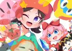  2girls :d ;d absurdres adeleine beret black_hair blue_eyes bow crystal hair_bow hat highres king_dedede kirby kirby_(series) kirby_64 looking_at_viewer multiple_girls one_eye_closed open_mouth paintbrush painting_(action) pink_hair purple_eyes red_bow red_headwear ribbon ribbon_(kirby) ripple_star_queen shinsou_komachi short_hair smile star_(symbol) waddle_dee white_background 