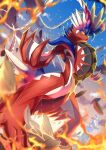  absurdres blurry closed_mouth cloud commentary_request fire from_below highres koraidon looking_down miraidon no_humans outdoors pokemon pokemon_(creature) ririri_(user_rkrv7838) sky standing wavy_mouth 