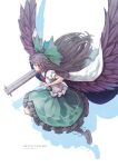  1girl arm_cannon black_hair black_wings bow cape character_name feathered_wings frills full_body green_skirt hair_bow long_hair looking_at_viewer puffy_short_sleeves puffy_sleeves red_eyes reiuji_utsuho satyuas shirt shoes short_sleeves skirt solo touhou weapon white_shirt wings 