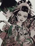  1boy 1girl absurdres blood blood_on_weapon brother_and_sister clenched_teeth daki_(kimetsu_no_yaiba) dragon dragon_print eastern_dragon egyuuu facial_mark floral_print green_eyes green_hair gyuutarou_(kimetsu_no_yaiba) hair_ornament hair_pulled_back hair_stick hand_up hands_up highres holding holding_scythe holding_weapon japanese_clothes kimetsu_no_yaiba kimono limited_palette long_hair long_sleeves looking_at_viewer looking_away nail_polish nihongami obi open_mouth profile sash scarf scythe sharp_teeth siblings sideways_glance simple_background slit_pupils teeth updo upper_body weapon wide_sleeves 