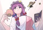  2girls book bow crescent frogsnake from_below hair_bow hat holding jewelry kirisame_marisa long_hair long_sleeves mob_cap multiple_girls nail_polish patchouli_knowledge perspective purple_eyes purple_hair purple_nails ring solo_focus touhou 