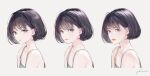  1girl artist_name bangs bare_shoulders black_hair blush bob_cut camisole collarbone gomzi grey_camisole grey_eyes lips looking_at_viewer multiple_views original parted_lips short_hair signature simple_background solo upper_body white_background 