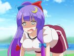  1girl all_fours bent_over breasts cato_(monocatienus) cloud crescent crescent_hair_ornament day gym_uniform hair_ornament horizon large_breasts long_hair no_hat no_headwear o_o open_mouth outdoors patchouli_knowledge purple_hair shirt shorts sky solo touhou trembling 