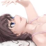  1girl :d blue_eyes breasts brown_hair cleavage ear_piercing face ichinose_shiki idolmaster idolmaster_cinderella_girls jewelry lamp_p9 lying medium_breasts medium_hair necklace on_back open_mouth piercing simple_background smile solo upper_body white_background 