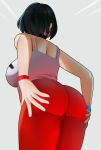  1girl absurdres ass ass_focus back black_hair bracelet breasts choker earrings english_commentary evie_(fortnite) fortnite from_behind from_below hands_on_own_ass highres hoop_earrings jewelry large_breasts pants postblue98 red_pants short_hair solo tank_top tight tight_pants 