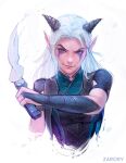  2019 breasts clothing elf female hair holding_object holding_sword holding_weapon horn humanoid humanoid_pointy_ears long_hair looking_at_viewer markings melee_weapon not_furry purple_eyes rayla signature simple_background solo sword the_dragon_prince weapon white_background white_hair zarory 