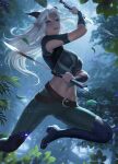  2021 action_pose belt bottomwear breasts clothing detailed_background elf female footwear forest hair hi_res holding_object holding_sword holding_weapon horn humanoid humanoid_pointy_ears leaf long_hair markings melee_weapon navel not_furry pants plant pose purple_eyes rayla solo sword text the_dragon_prince tree url weapon white_hair zarory 