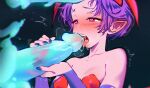  1girl bare_shoulders fellatio ghost head_wings heart heart-shaped_pupils large_penis lilith_aensland open_mouth oral penis pointy_ears purple_hair saliva short_hair snegovski solo symbol-shaped_pupils tears upper_body vampire_(game) 