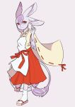  4_ears akanbe anthro apron asian_clothing avali breasts clothed clothing dragon east_asian_clothing feathered_dragon feathered_tail feathers feet female footwear geta hi_res japanese_clothing multi_ear naaka non-mammal_breasts red_eyes shrine_maiden smile socks solo wings 