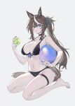  1girl absurdres animal_ears ball bare_legs barefoot beachball bikini black_bikini black_choker blue_eyes blue_nails breasts brown_hair character_request chinese_commentary choker cleavage collarbone commentary_request echj food fruit grey_background hand_up highres holding holding_food holding_fruit horse_ears large_breasts long_hair multicolored_hair nail_polish navel ponytail sidelocks simple_background solo stomach streaked_hair swimsuit tail thigh_strap thighs toenail_polish toenails umamusume very_long_hair white_hair 