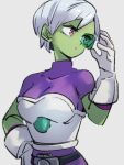  1girl bodysuit breasts cheelai colored_skin dragon_ball dragon_ball_super gloves green_skin kemachiku looking_to_the_side medium_breasts pink_eyes purple_bodysuit scouter short_hair solo white_gloves white_hair 