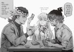  1girl 2boys ;) arrow_(symbol) body_markings brother_and_sister cellphone collared_shirt cup daki_(kimetsu_no_yaiba) disposable_cup douma_(kimetsu_no_yaiba) dress_shirt drink drinking_straw egyuuu facial_mark flipped_hair gradient_hair gyuutarou_(kimetsu_no_yaiba) hair_between_eyes hands_up highres holding holding_cup holding_phone jacket kimetsu_gakuen kimetsu_no_yaiba korean_commentary korean_text long_hair long_sleeves looking_at_another monochrome multicolored_hair multiple_boys nail_polish necktie one_eye_closed phone print_hair profile school_uniform selfie shirt siblings simple_background sitting sleeves_folded_up smile streaked_hair sweater table topknot translation_request turtleneck turtleneck_sweater 