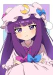  1girl :t bangs blue_bow blunt_bangs blush bow bowtie capelet commentary_request crescent crescent_hat_ornament eyebrows_visible_through_hair hair_bow hat hat_bow hat_ornament highres long_hair looking_at_viewer miz_(mizillustration) mob_cap patchouli_knowledge pink_bow pink_bowtie pout purple_eyes purple_hair robe solo touhou upper_body 