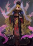  1girl :d absurdly_long_hair absurdres black_dress blonde_hair chinese_clothes dress energy full_body hat highres junko_(touhou) long_hair long_sleeves red_eyes sash simple_background smile solo tabard touhou very_long_hair wide_sleeves yukama_(blackwaltz) 