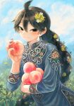  029bdpq 1boy absurdres ahoge black_eyes black_hair blue_nails braid braided_ponytail changpao chinese_clothes empty_eyes field flower flower_braid flower_field food fruit hair_between_eyes hair_flower hair_ornament hand_up highres holding holding_food holding_fruit long_hair looking_at_viewer male_focus mandarin_collar original sky smile solo upper_body very_long_hair 