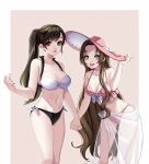  2girls adjusting_clothes adjusting_headwear aerith_gainsborough alternate_costume asymmetrical_bangs bangs bare_arms bikini black_hair bow breasts brown_hair cleavage final_fantasy final_fantasy_vii final_fantasy_vii_remake green_eyes hair_down hand_up hat highres holding_hands large_breasts long_hair medium_breasts midriff mochee_bi multiple_girls navel open_mouth parted_bangs parted_lips pink_bikini pink_headwear ponytail red_eyes see-through smile strapless sun_hat swimsuit teeth tifa_lockhart upper_body upper_teeth wavy_hair 