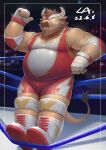  2022 absurd_res anthro belly big_belly bovid bovine brown_body cai1448331577 cattle detailed_background fighting_ring hi_res humanoid_hands kemono male mammal mask musclegut overweight overweight_male solo wrestling_singlet 