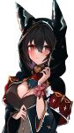  1girl absurdres animal_ears ascot bangs black_hair blush breasts cleavage closed_mouth detached_collar erune granblue_fantasy hand_up highres hood hooded_robe large_breasts long_hair long_sleeves looking_at_viewer nier_(granblue_fantasy) red_eyes sekai_(sekaisan) simple_background solo upper_body white_background wrist_cuffs 