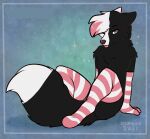  absurd_res anthro black canid canine canis clothing girly hair hi_res highs invalid_tag kipthewolf kipthewolfvr legwear male male/male mammal pink solo stockings thigh warmers white wolf 