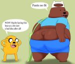  2022 absurd_res adventure_time anthro bear_(adventure_time) belly big_belly big_butt black_eyes black_nose bottomwear brown_body butt canid canine canis cartoon_network clothing colossalstars domestic_dog dot_eyes duo english_text hi_res humanoid_hands jake_the_dog mammal overweight shorts simple_background text ursid yellow_body 